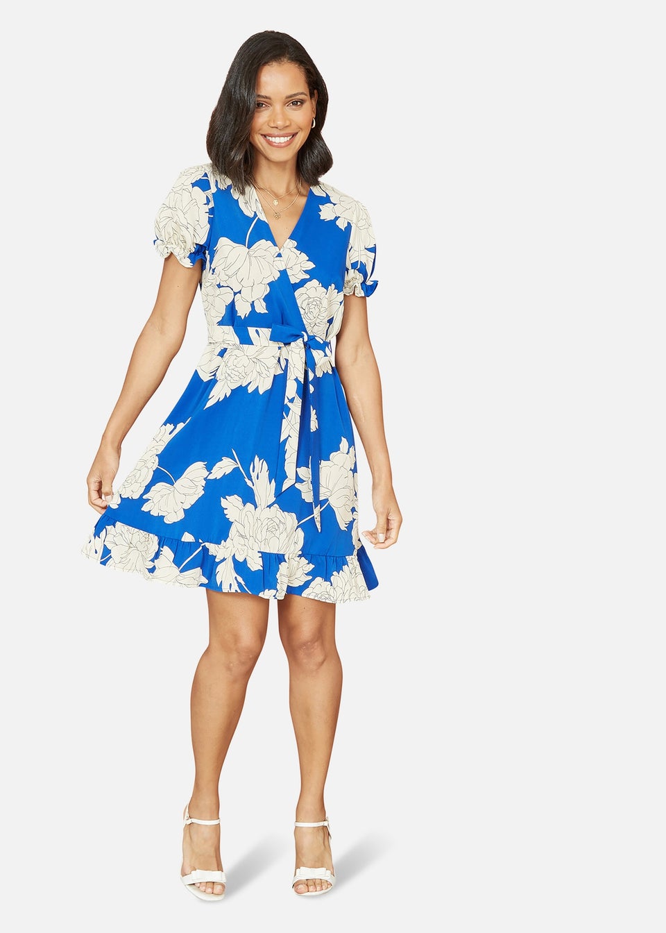 Mela Blue Blossom Print Wrap Dress With Puff Sleeves - Matalan
