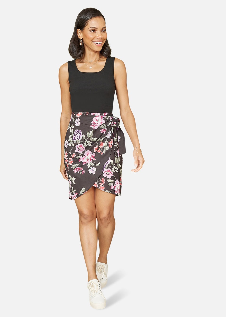 Mela Black Jersey Stretch Top and Woven Floral Skirt Wrap Dress Matalan