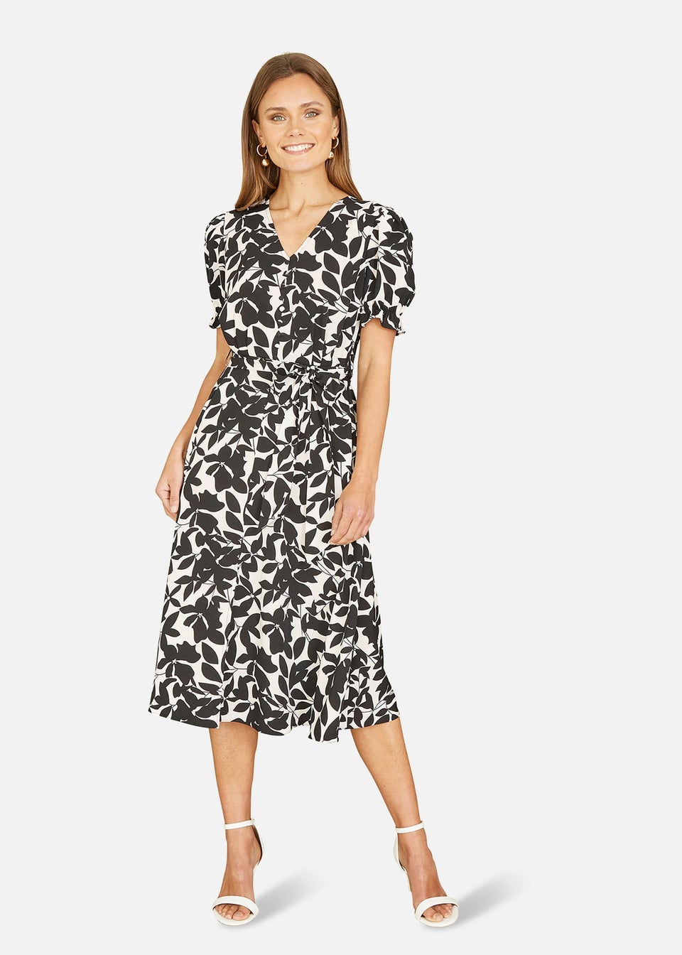 Mela Black And White Leaf Print Midi Tea Dress - Matalan