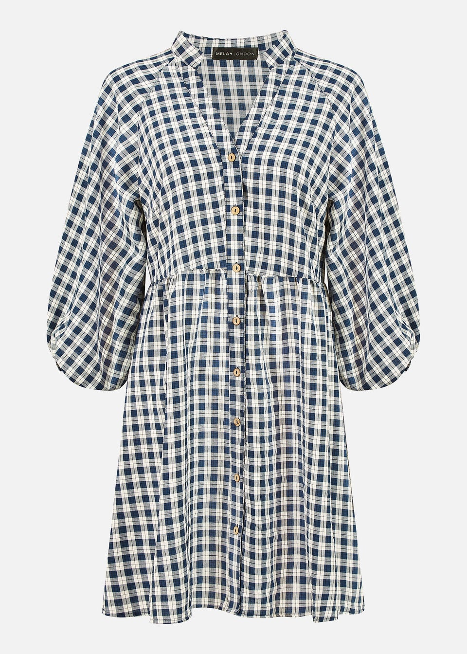 Mela Navy Cotton Checked Button Through Tunic Dress