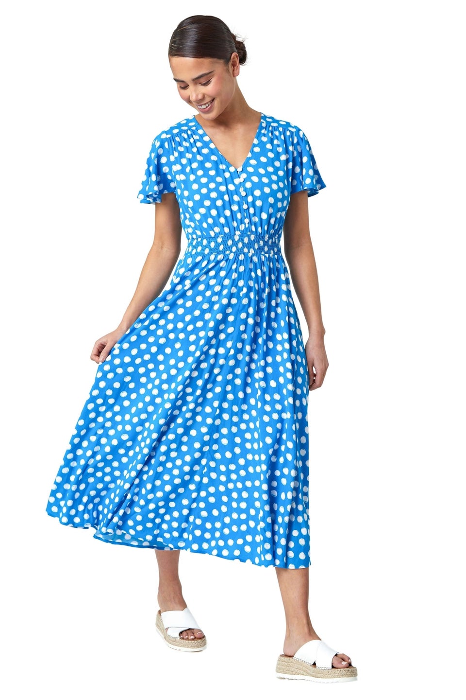 Roman Petite Light Blue Petite Polka Dot Midi Dress