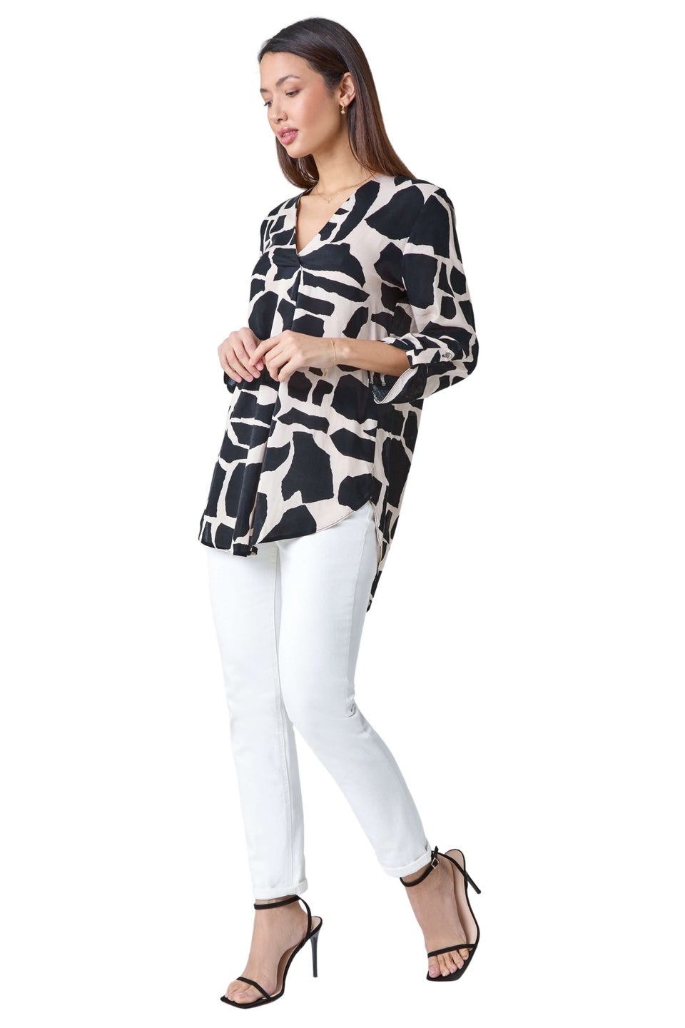 Roman Black Animal Print Pleat Front V-Neck Top