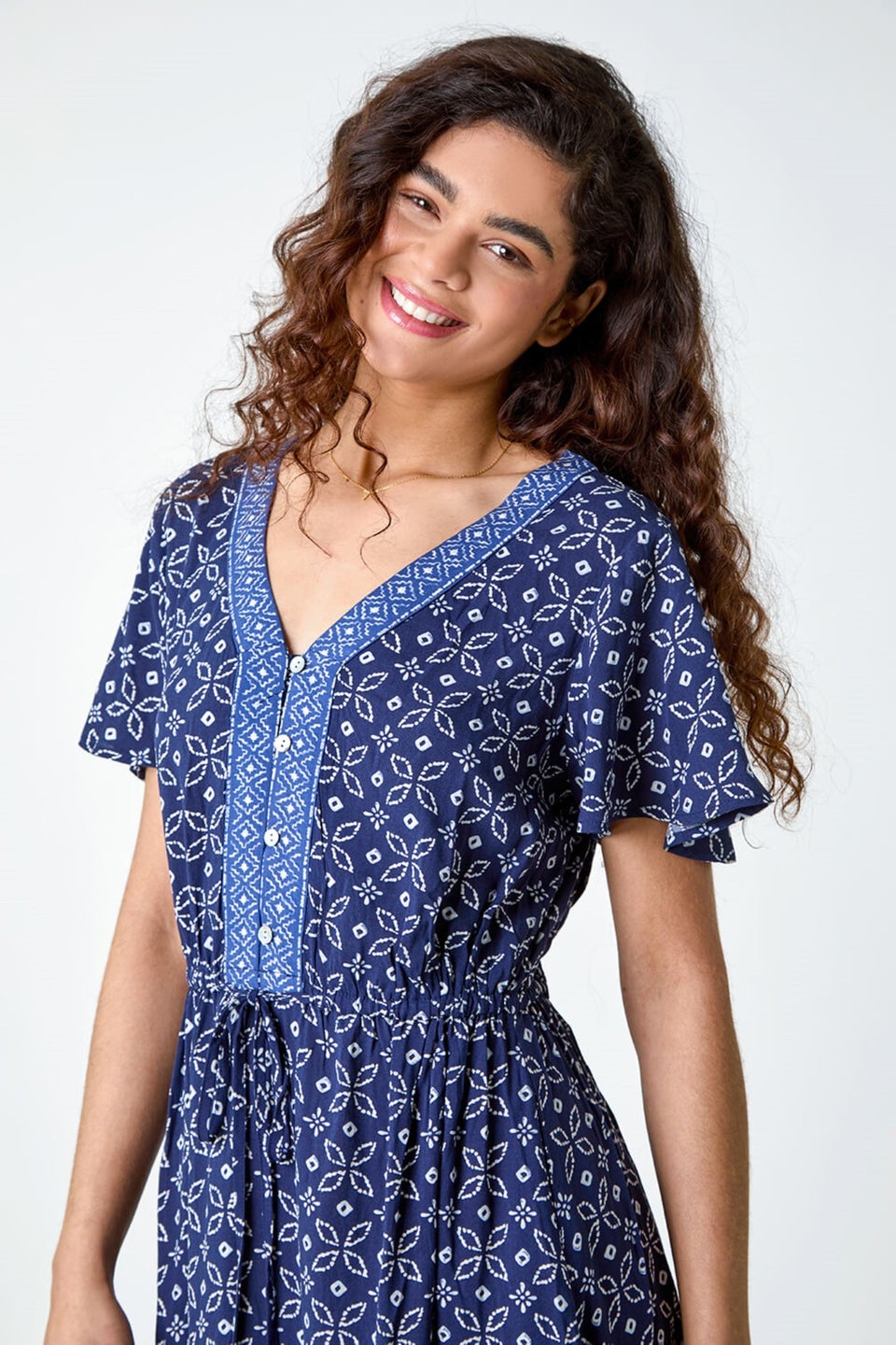 Roman Navy  Geometric Floral Border Print Frill Dress