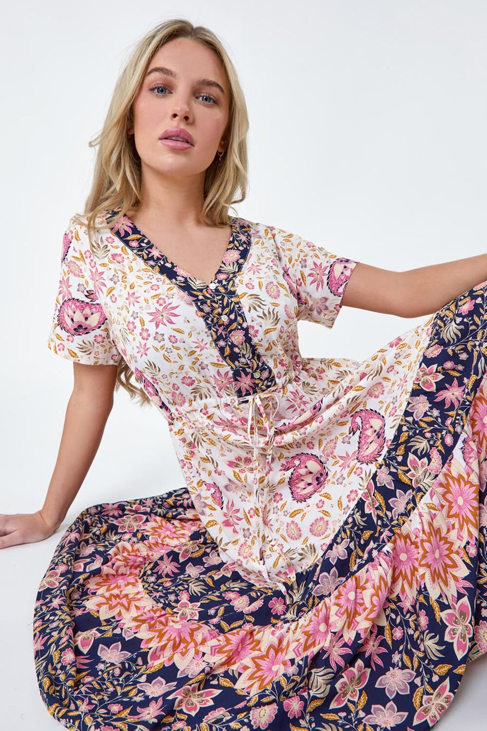 Roman Petite Light Pink Petite Floral Border Print Midi Dress - Matalan