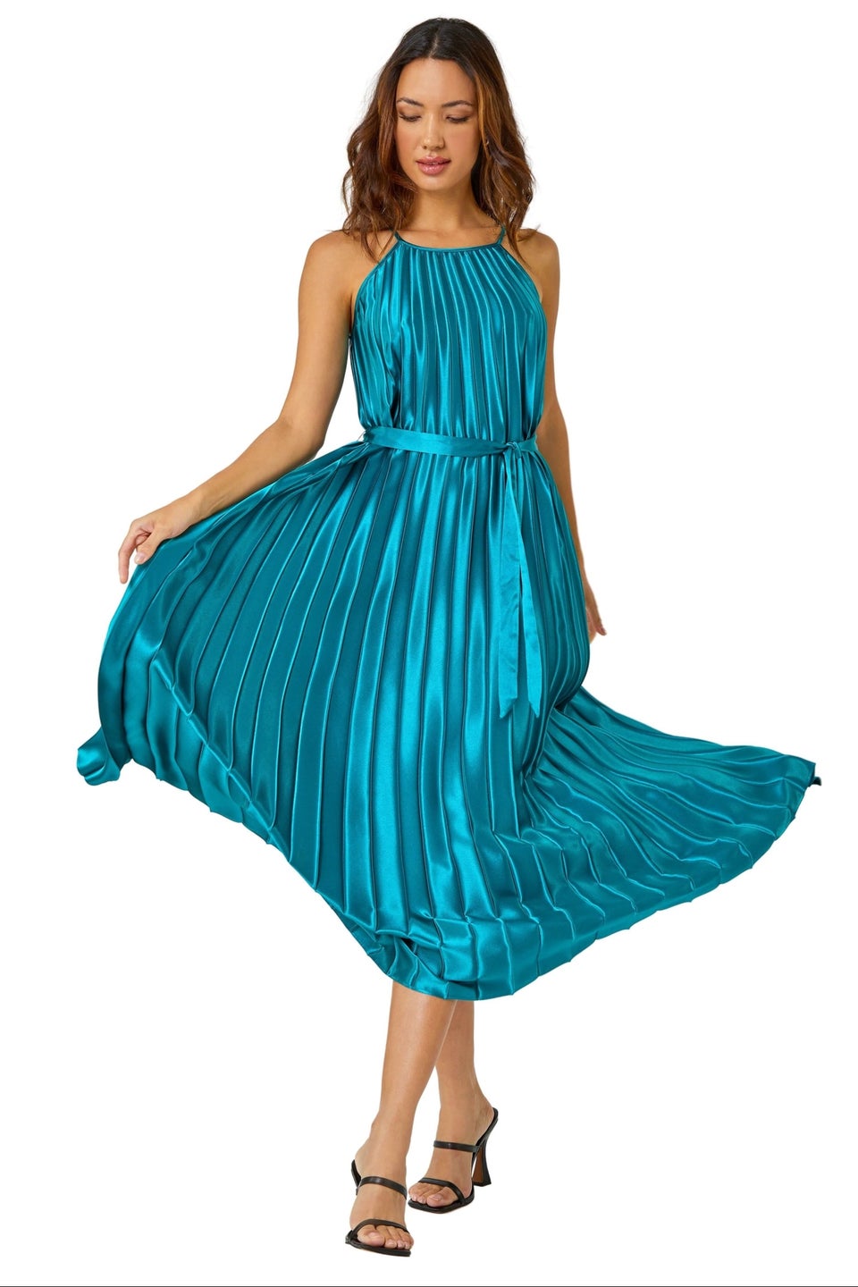 Roman Emerald Sleeveless Pleated Halter Neck Midi Dress