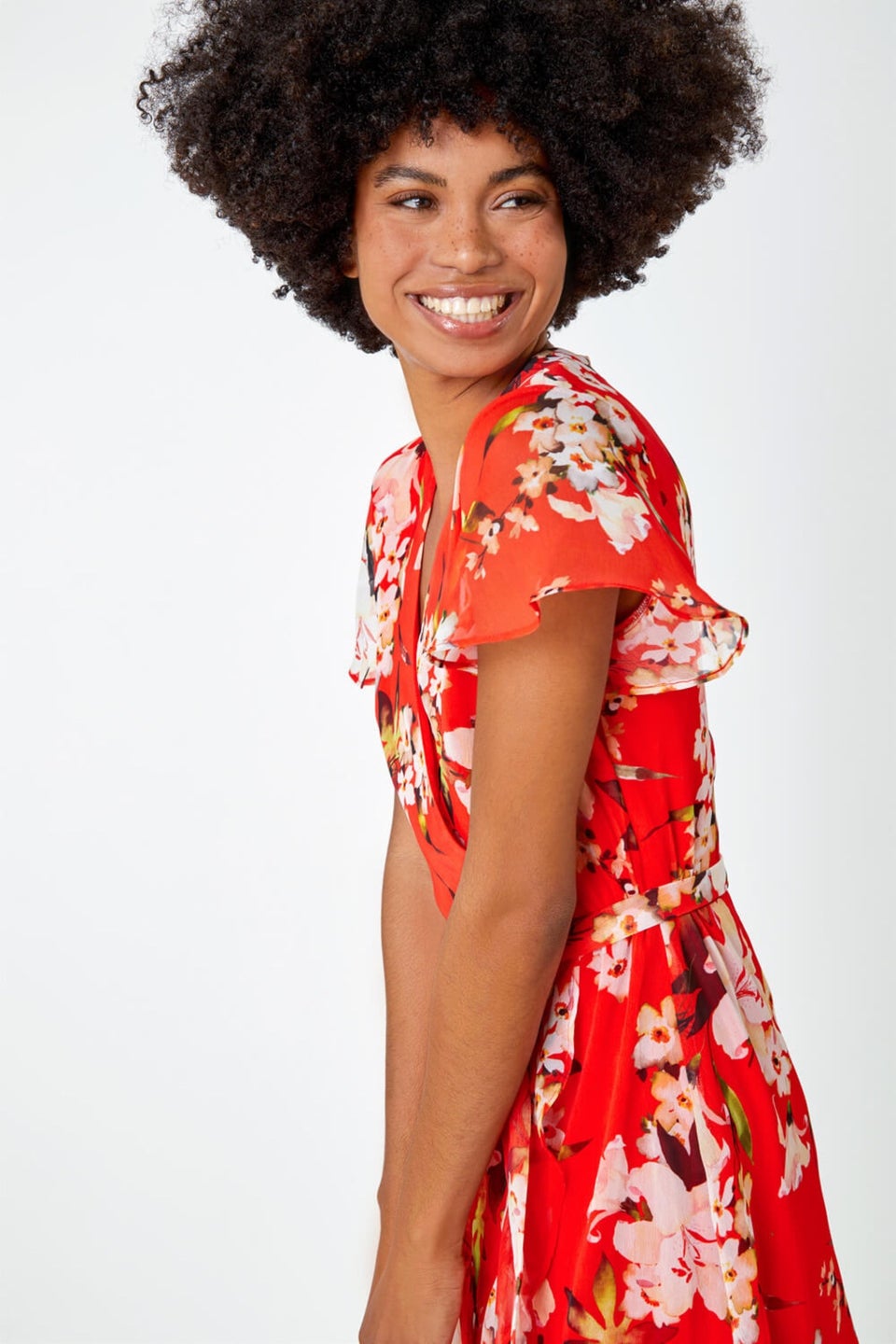Roman Red Floral Print Chiffon Wrap Dress