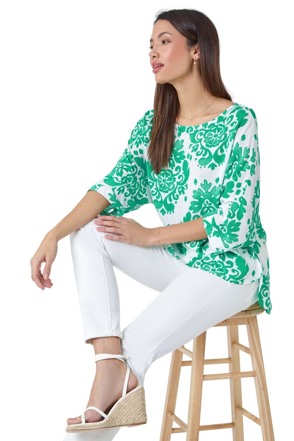 Roman Green Textured Paisley Print Tunic Top