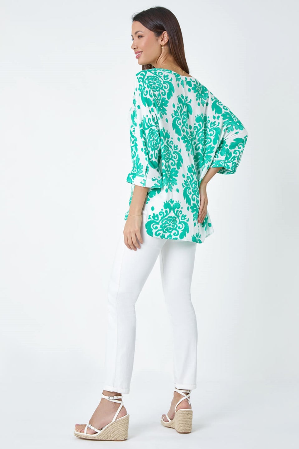 Roman Green Textured Paisley Print Tunic Top