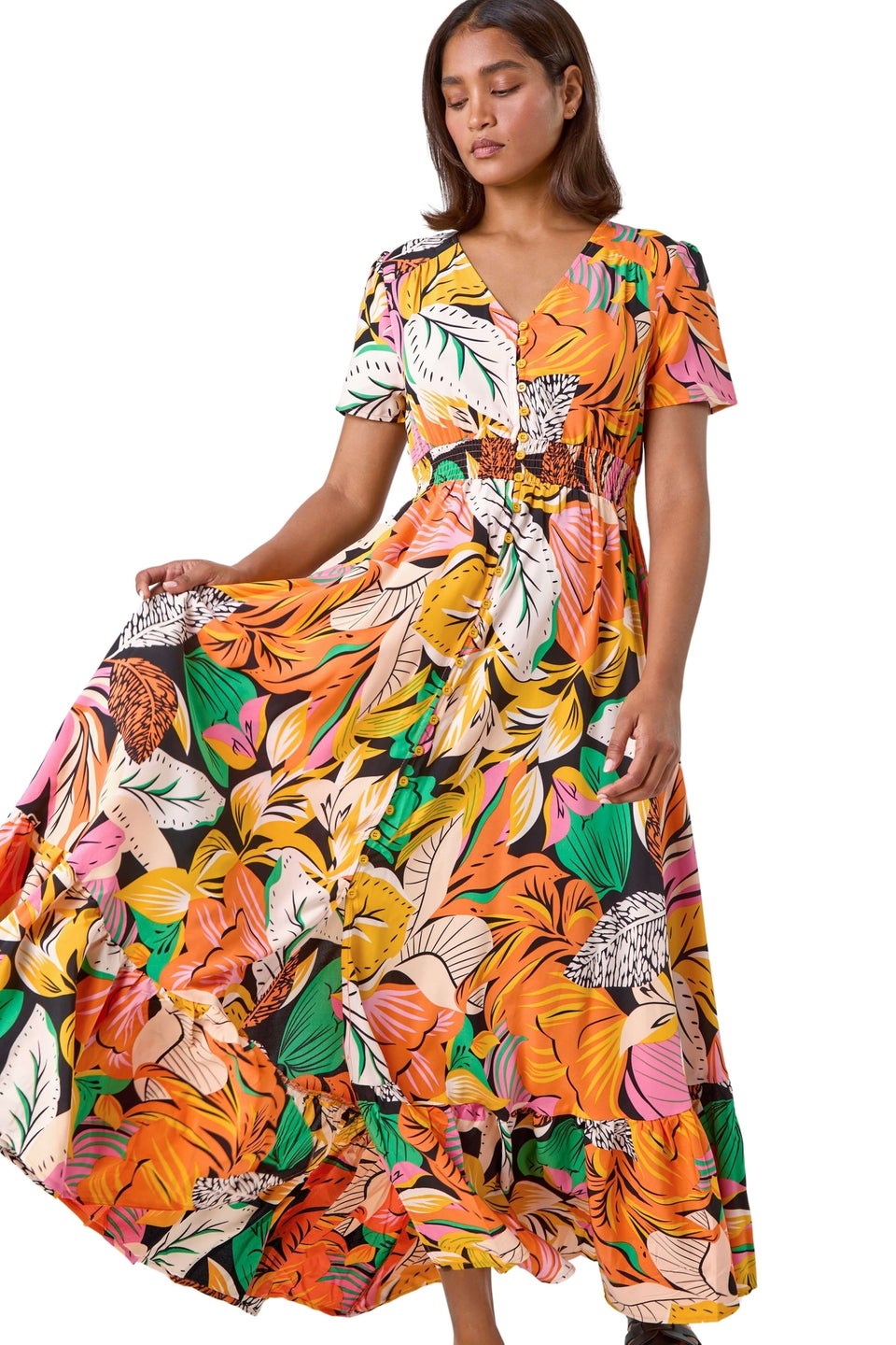 Roman Orange Tropical Print Frilled Hem Maxi Dress