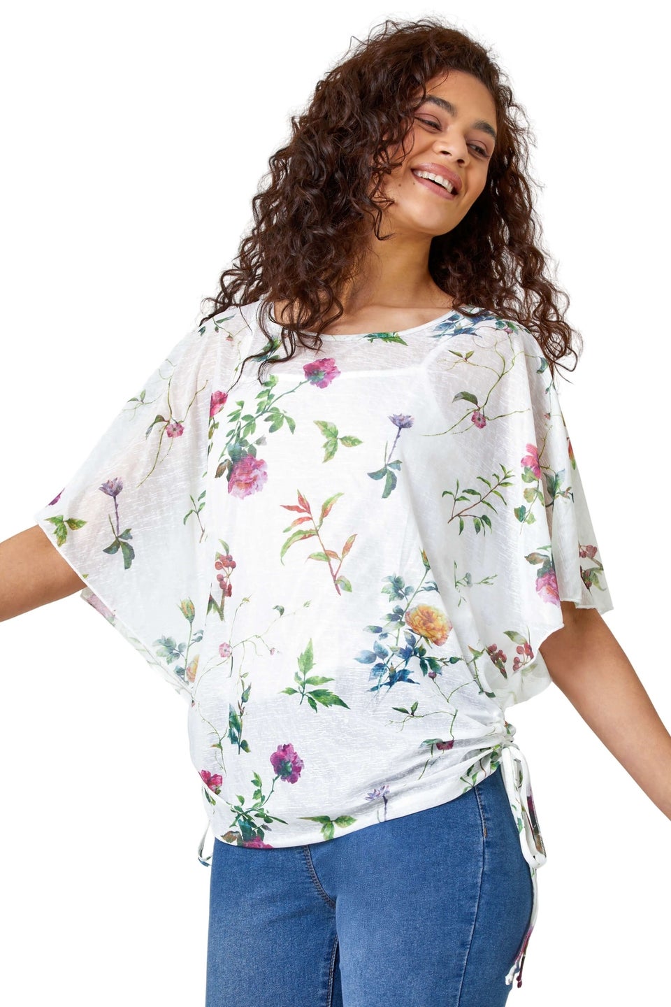 Roman Ivory Floral Print Ruched Batwing Top