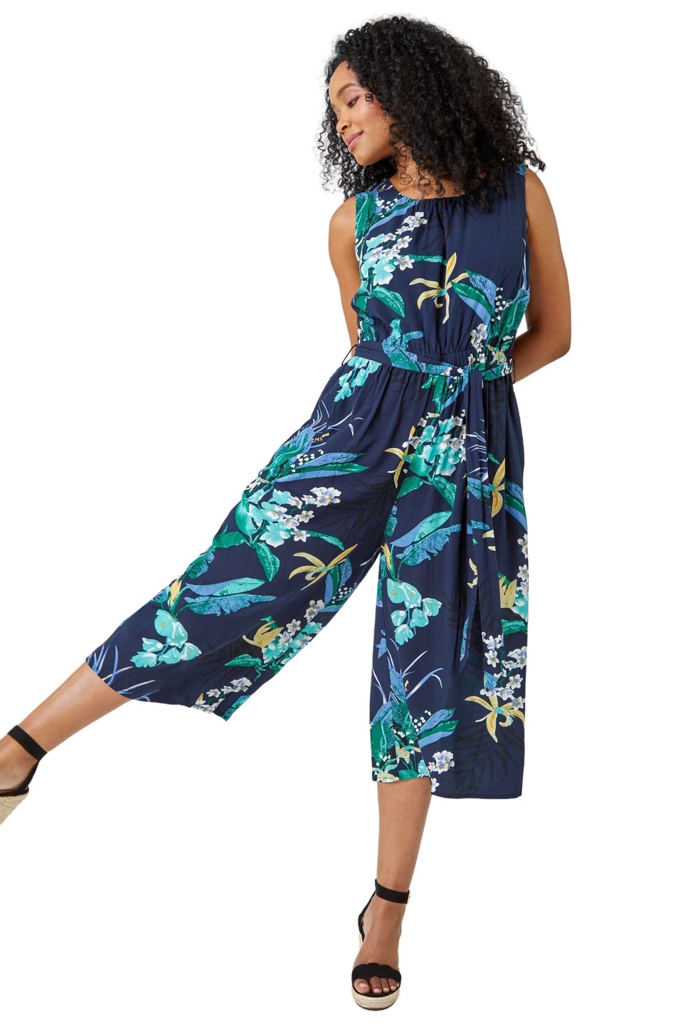 Roman Navy Petite Floral Print Cropped Culotte Jumpsuit Matalan