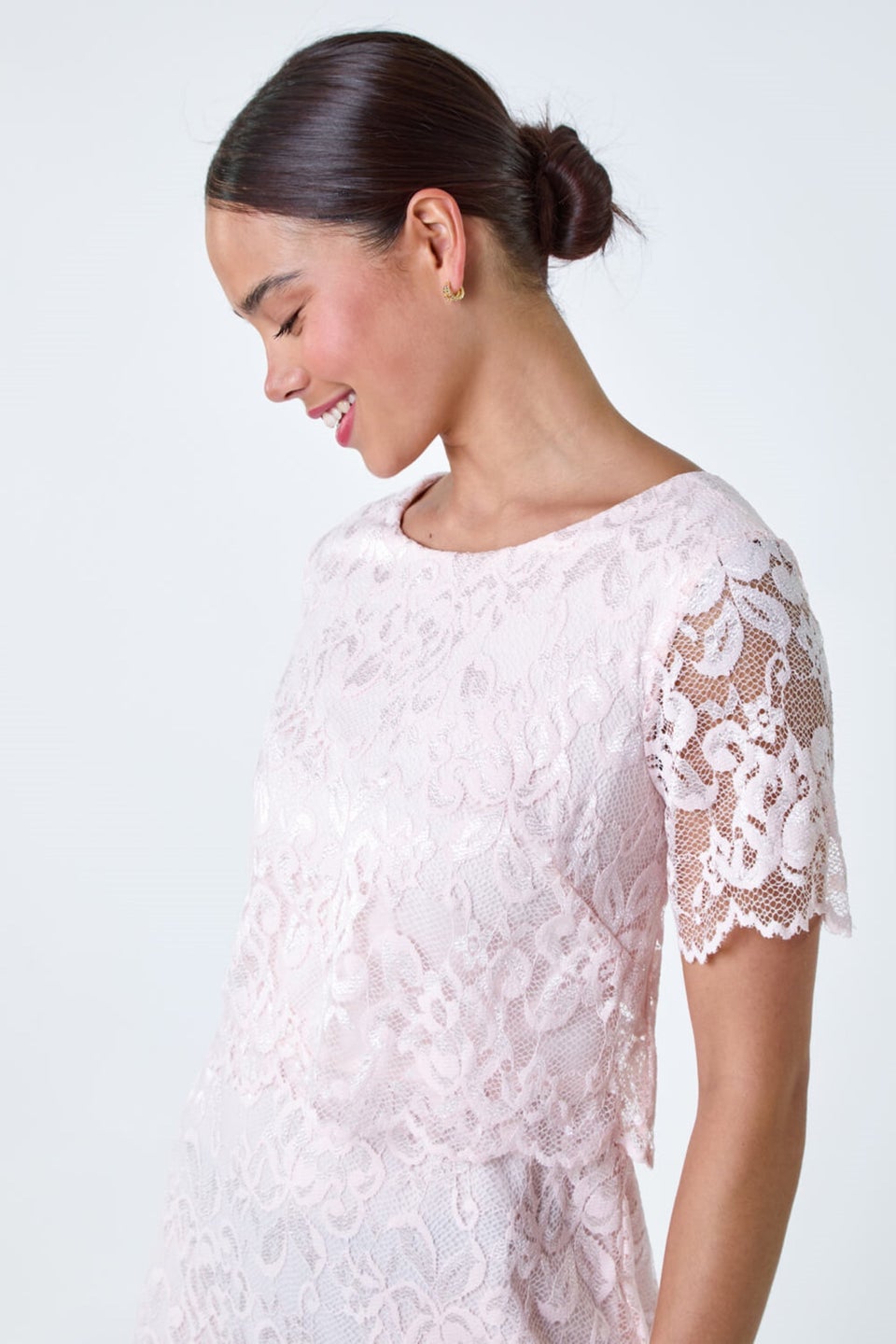 Roman Petite Light Pink Lace Overlay Stretch Dress