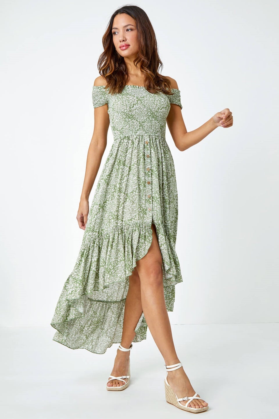 Roman Mint Leaf Print Shirred Bardot Dress Matalan