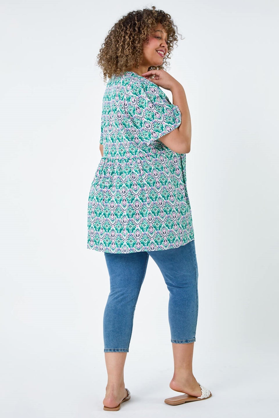 Roman Green Curve Tie Front Boho Printed Top