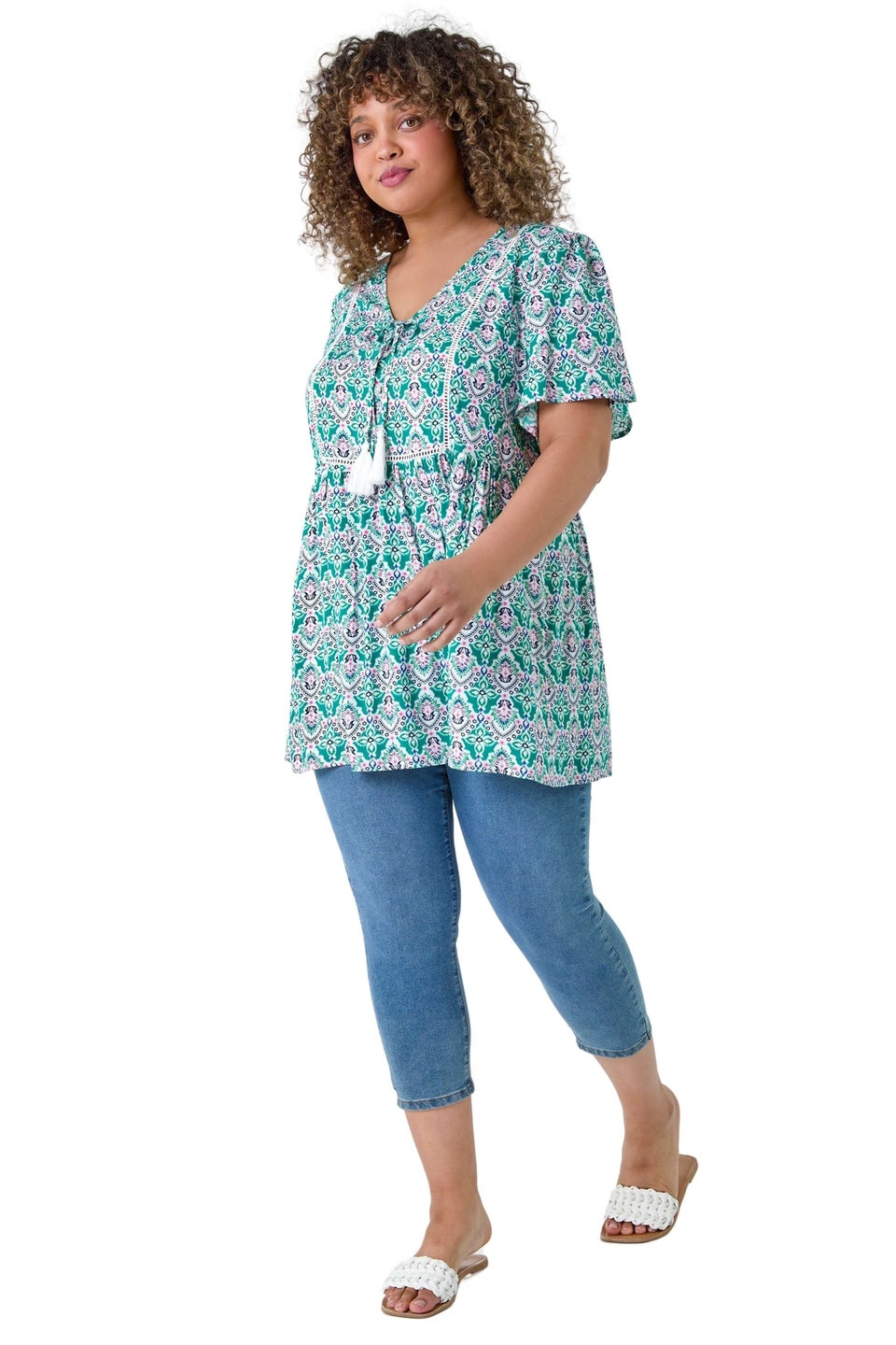 Roman Green Curve Tie Front Boho Printed Top