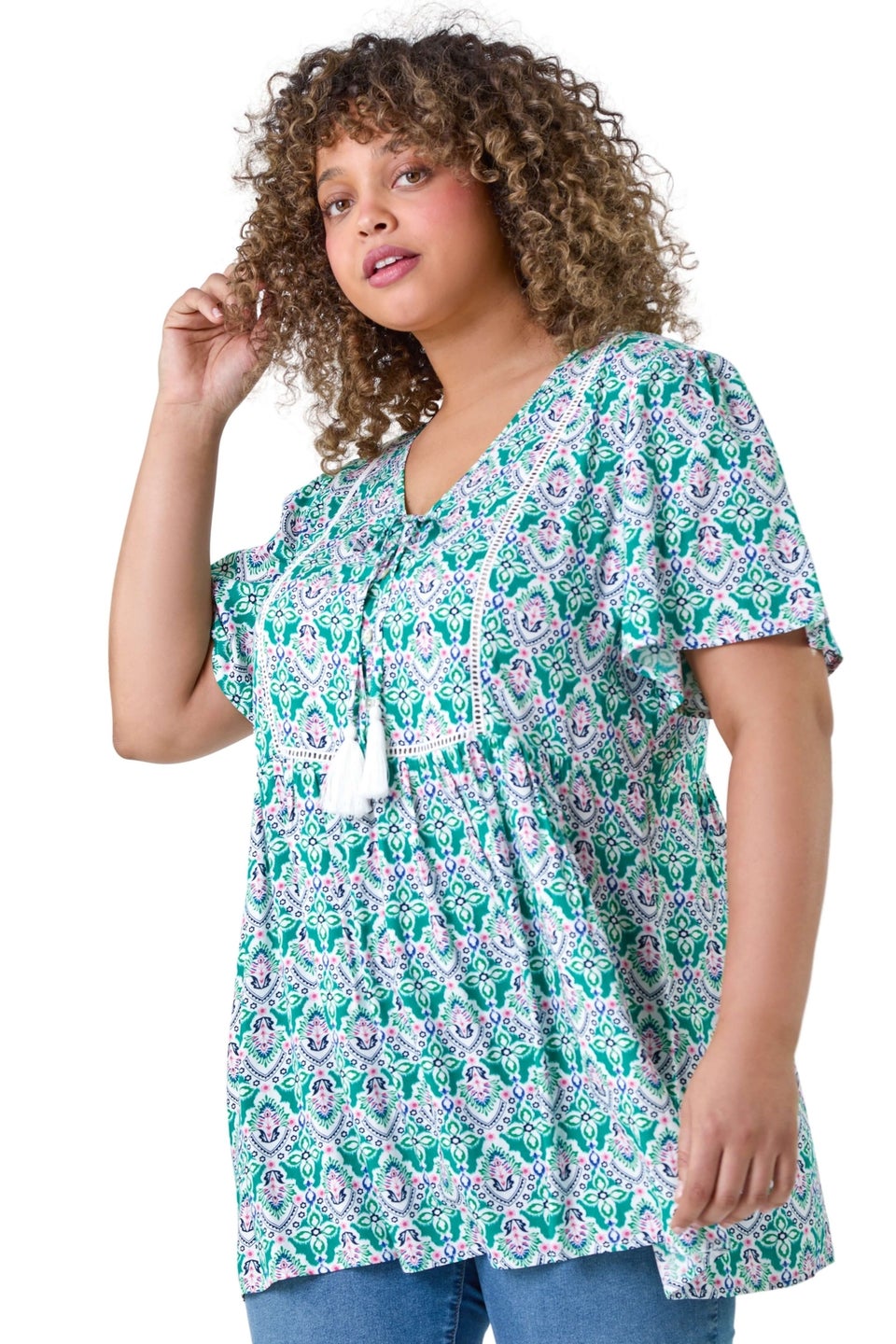 Roman Green Curve Tie Front Boho Printed Top