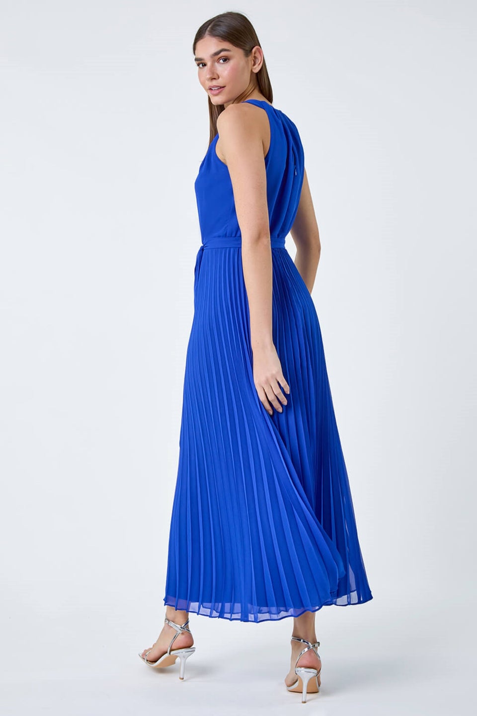 Roman Royal Blue Pleated Halter Neck Maxi Dress