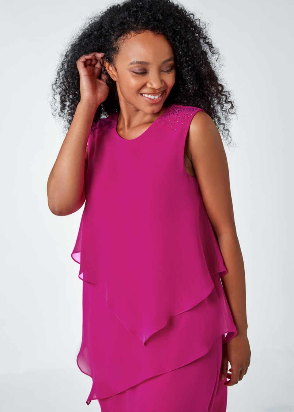 Roman Pink Petite Embellished Chiffon Tiered Shift Dress Matalan