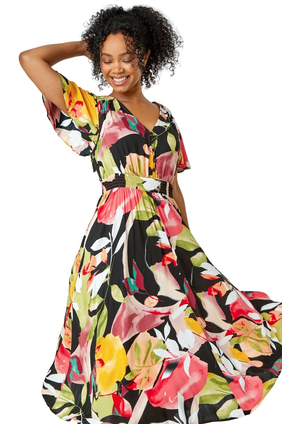 Roman Pink Petite Tropical Button Midi Dress