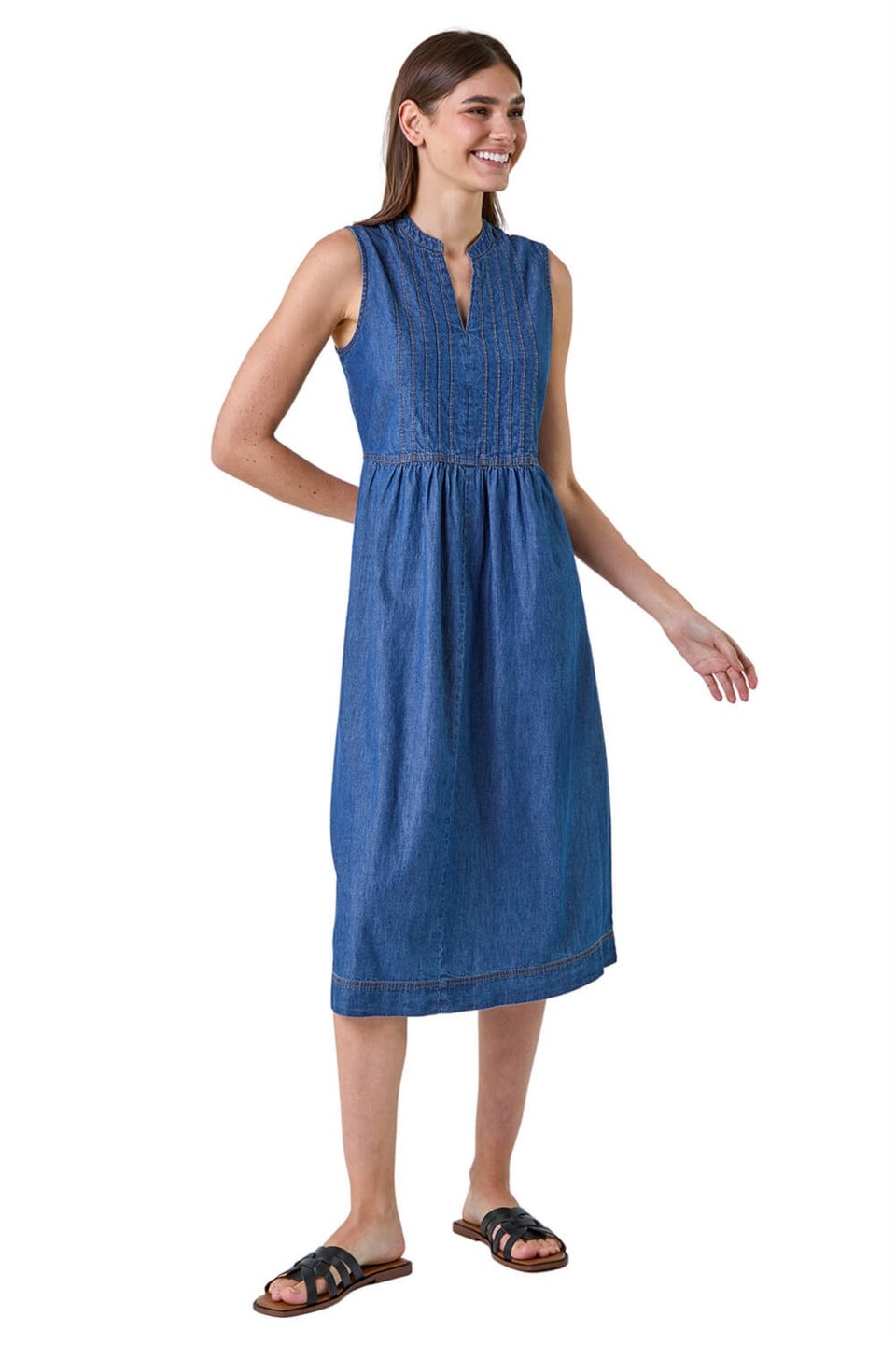 Roman Denim Sleeveless Cotton Denim Midi Dress