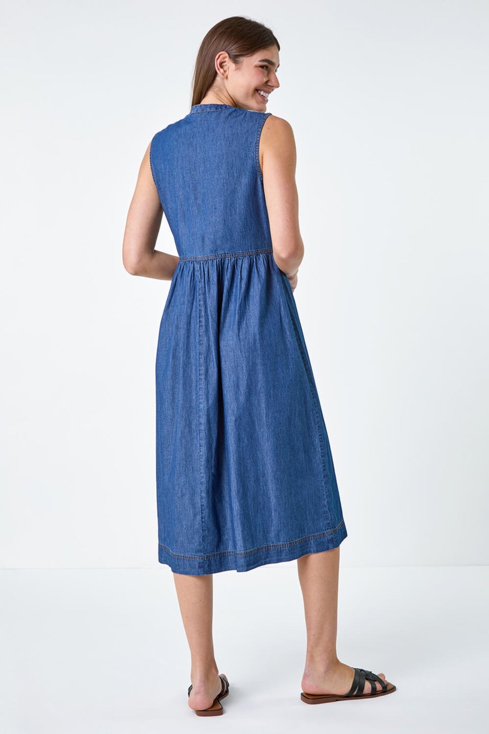 Roman Denim Sleeveless Cotton Denim Midi Dress