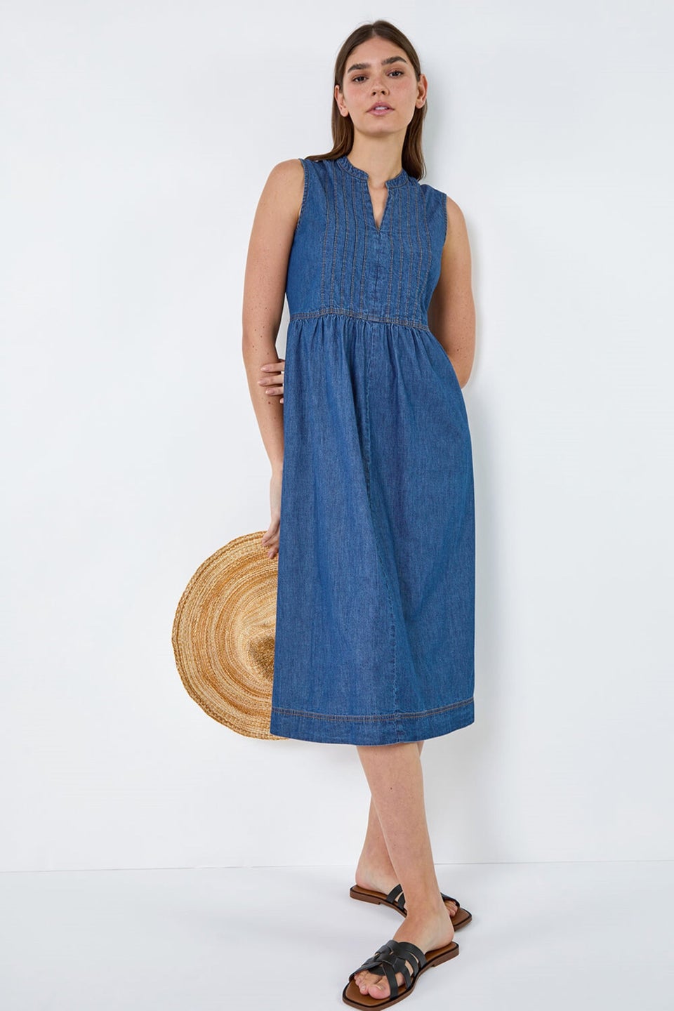 Roman Denim Sleeveless Cotton Denim Midi Dress