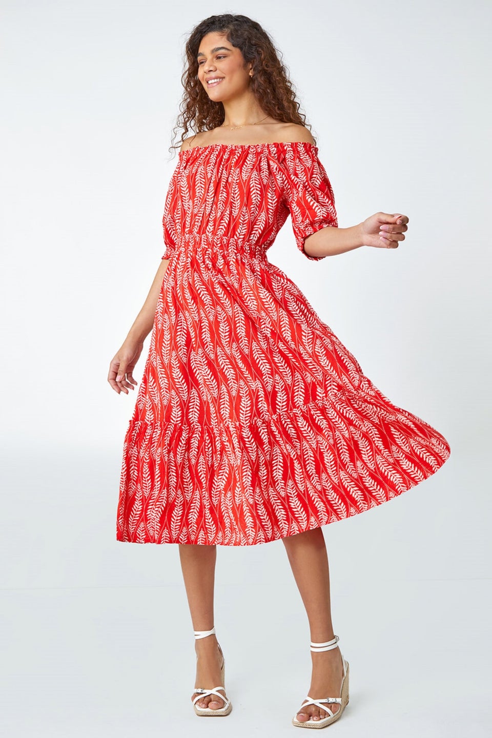 Roman Red Leaf Print Stretch Neck Midi Dress - Matalan