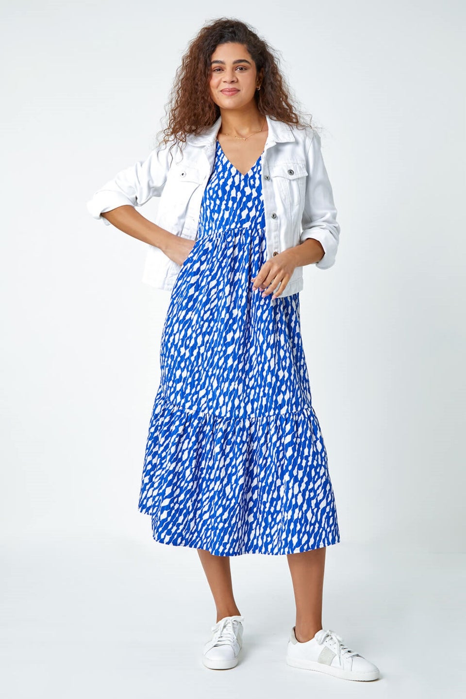 Roman Royal Blue Abstract Frill Hem Midi Dress
