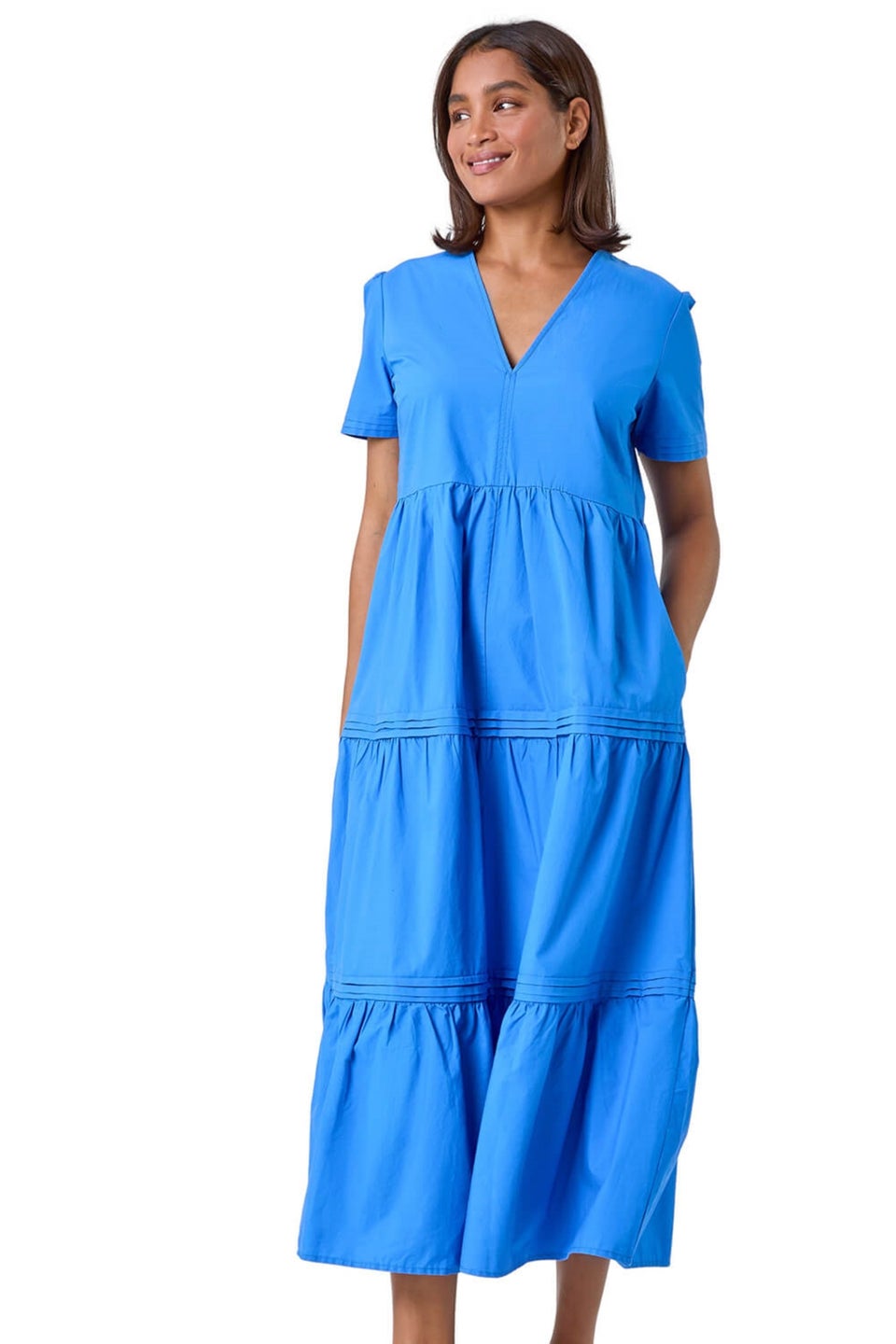 Roman Blue Plain Cotton Tiered Maxi Dress