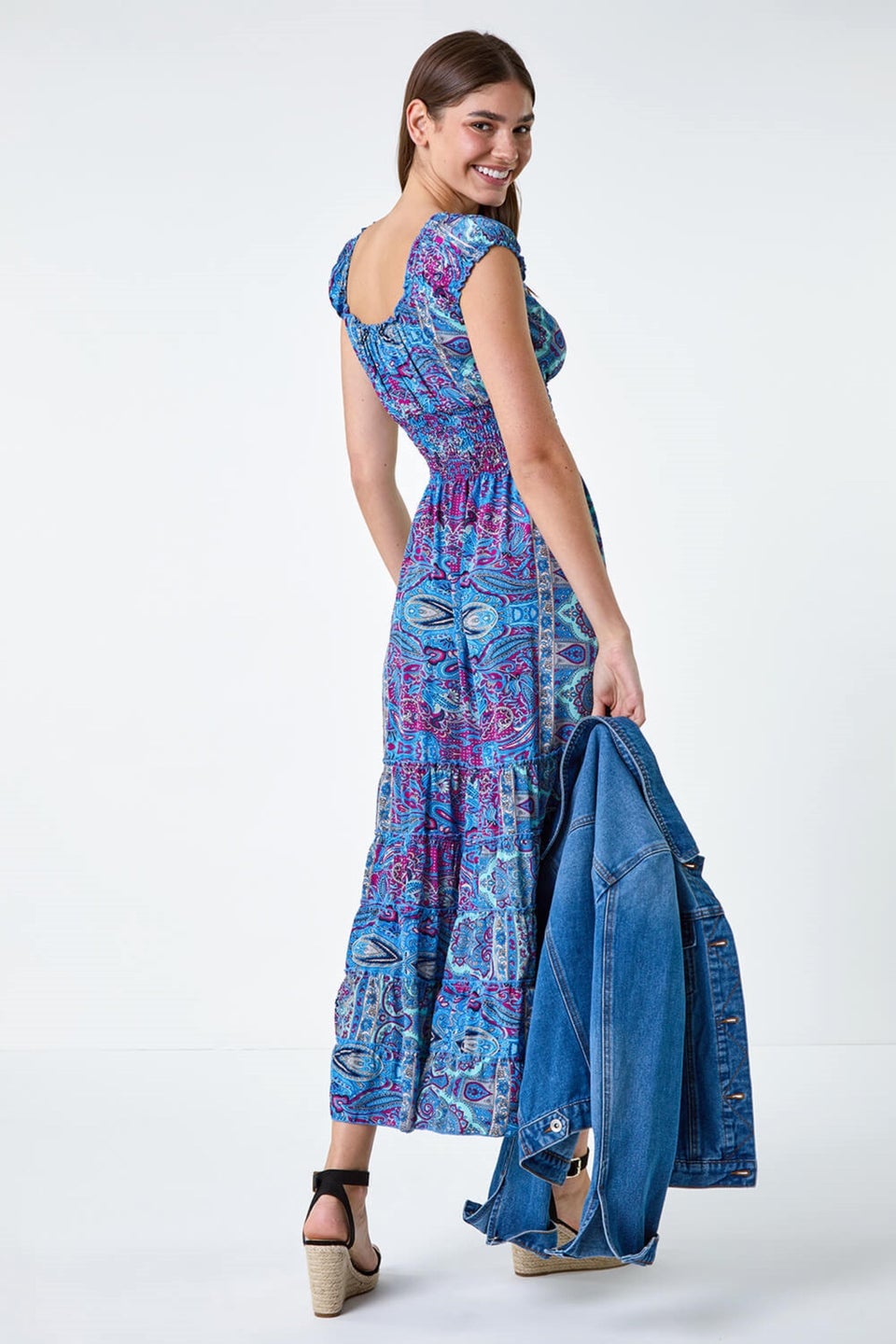 Roman Blue Paisley Print Shirred Frill Maxi Dress