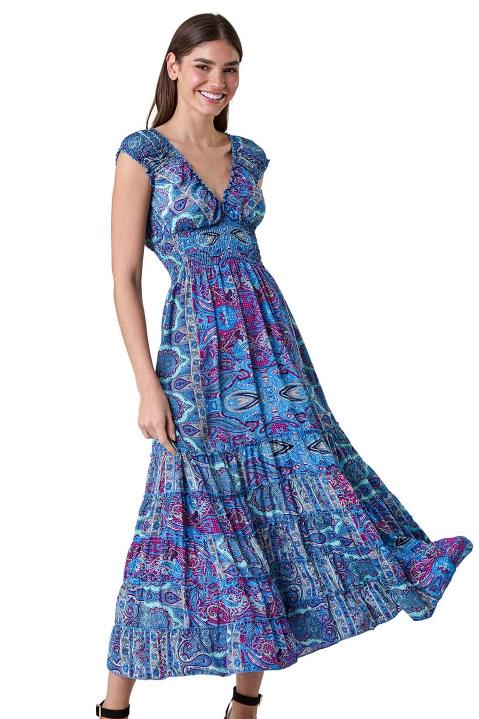 Roman Blue Paisley Print Shirred Frill Maxi Dress
