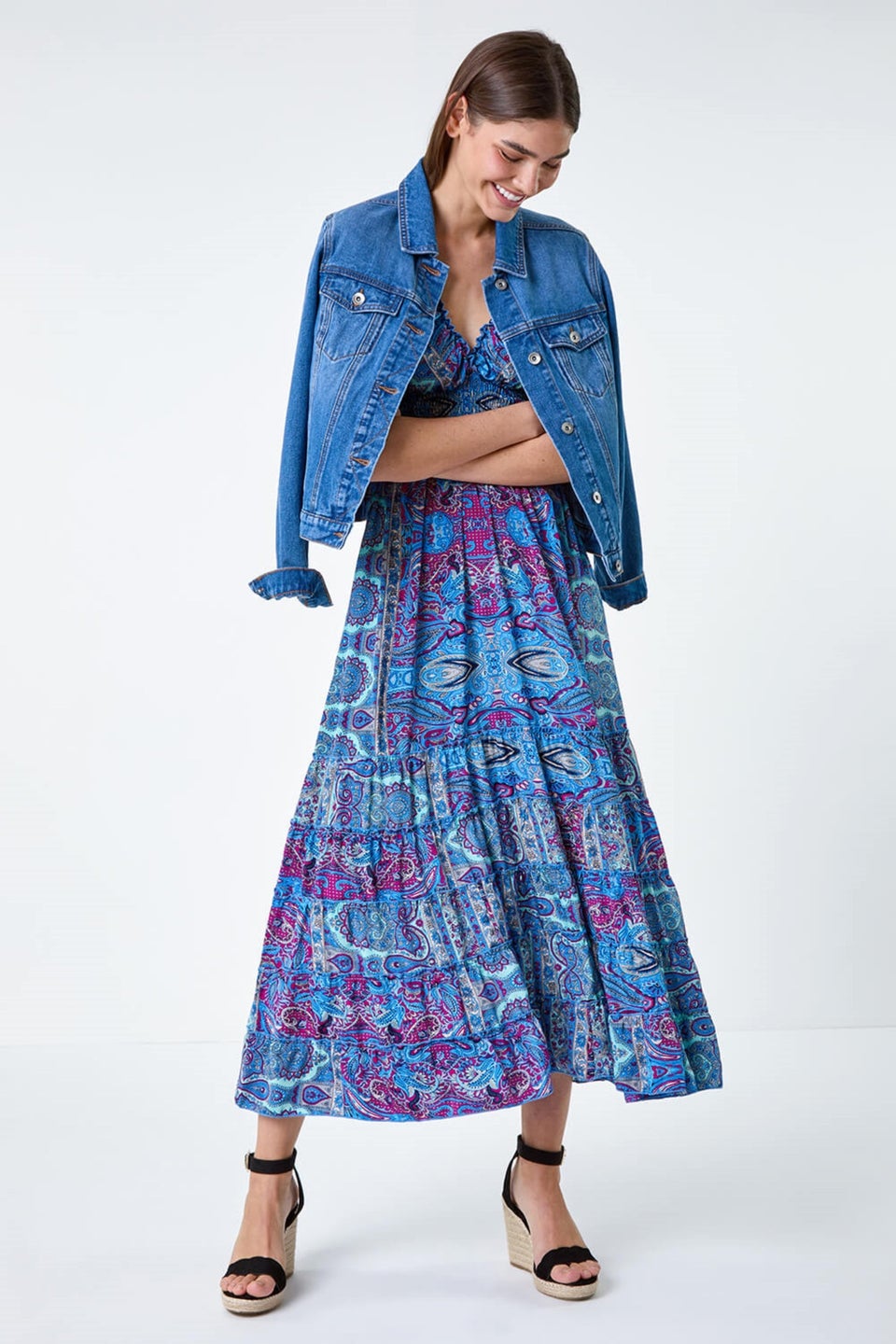 Roman Blue Paisley Print Shirred Frill Maxi Dress
