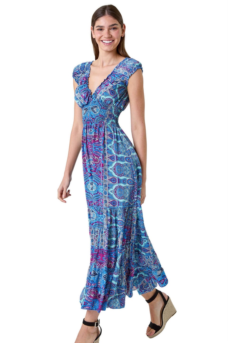 Roman Blue Paisley Print Shirred Frill Maxi Dress