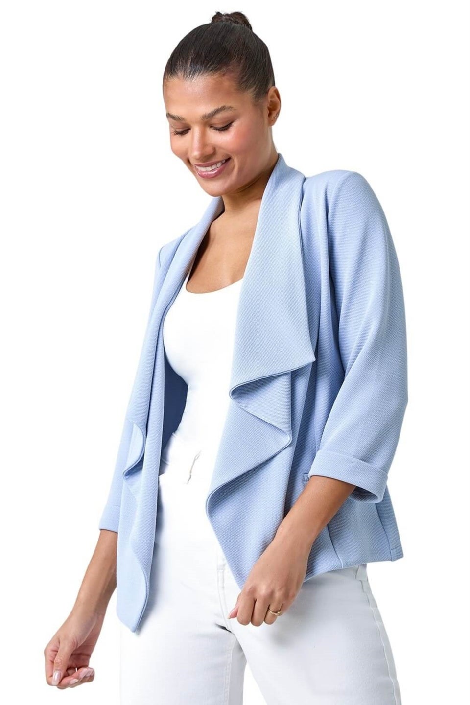 Roman Light Blue 3 4 Sleeve Textured Waterfall Front Jacket Matalan