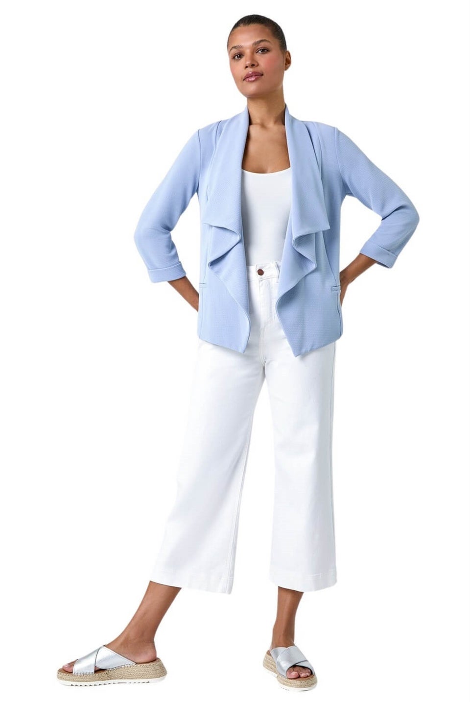Roman Light Blue 3/4 Sleeve Textured Waterfall Front Jacket