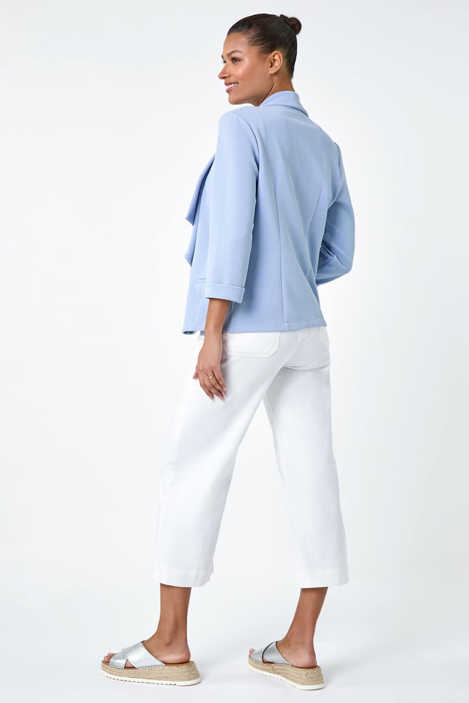 Roman Light Blue 3/4 Sleeve Textured Waterfall Front Jacket