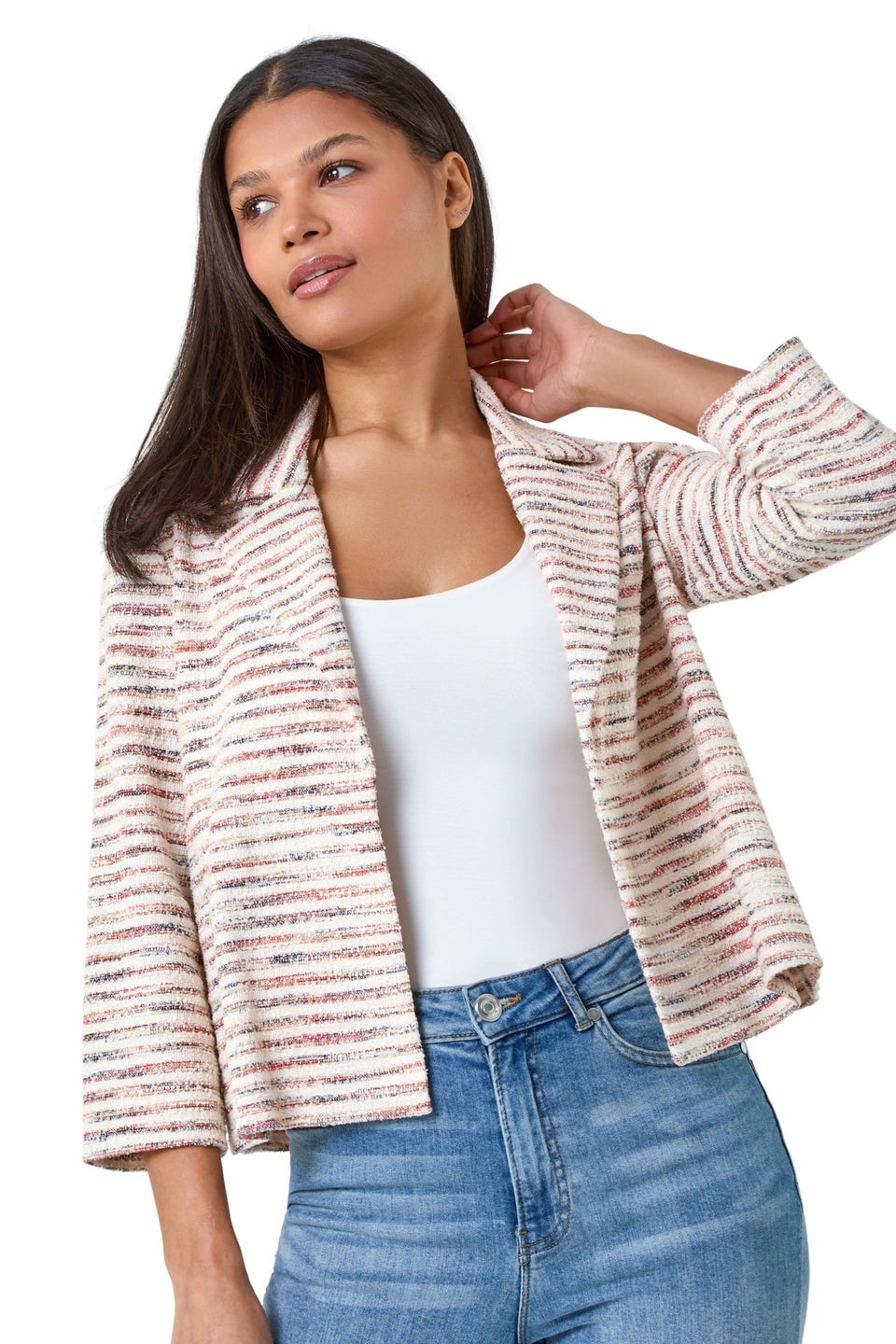 Roman Rust Stripe Textured 3/4 Sleeve Cotton Blend Jacket