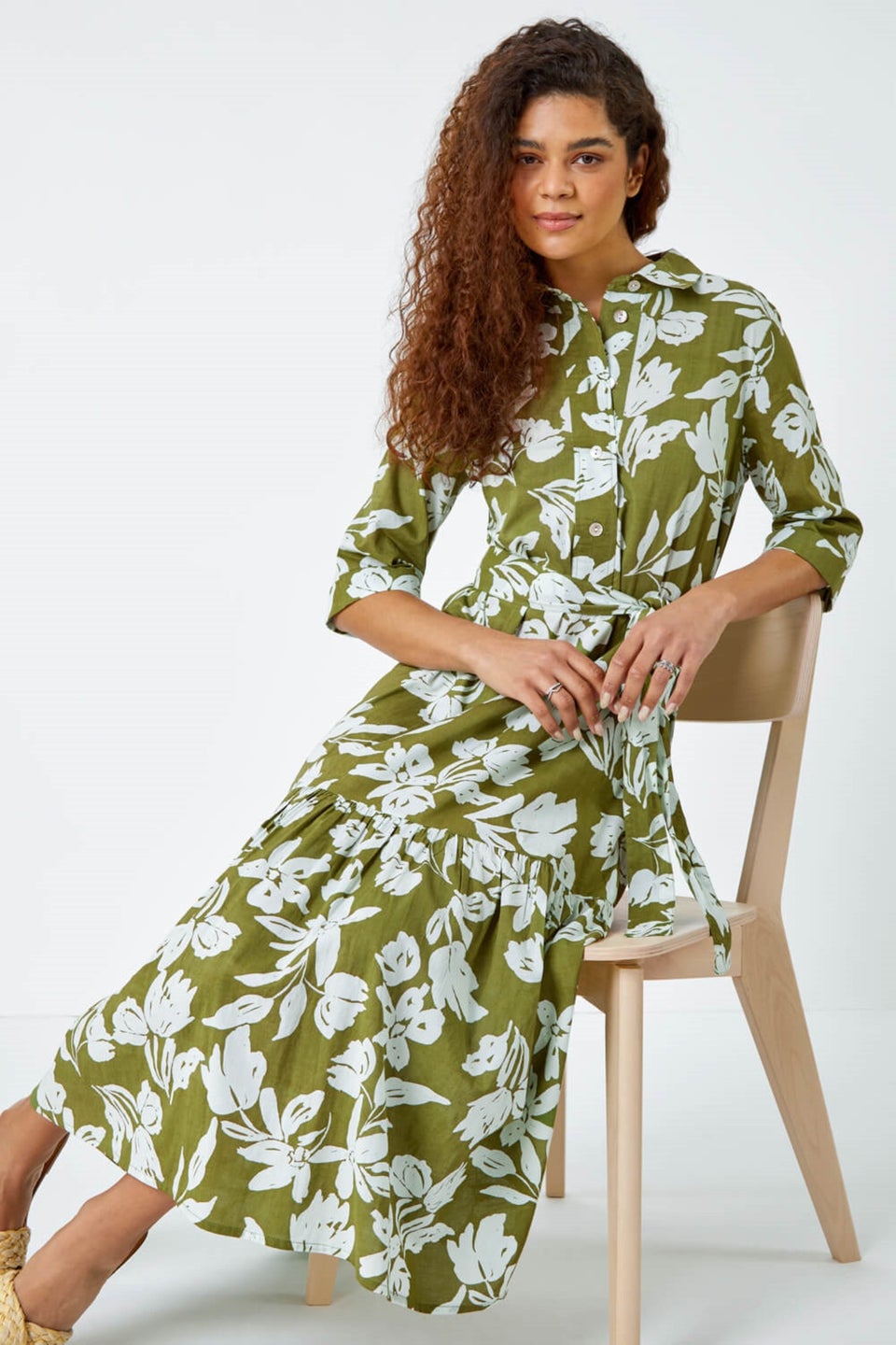 Roman Green Leaf Frill Hem Button Shirt Dress