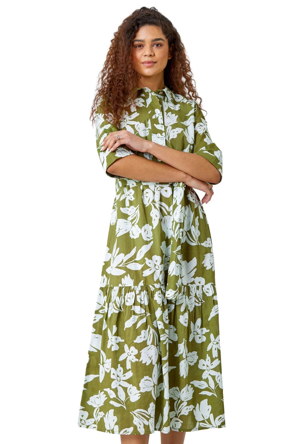 Roman Green Leaf Frill Hem Button Shirt Dress Matalan