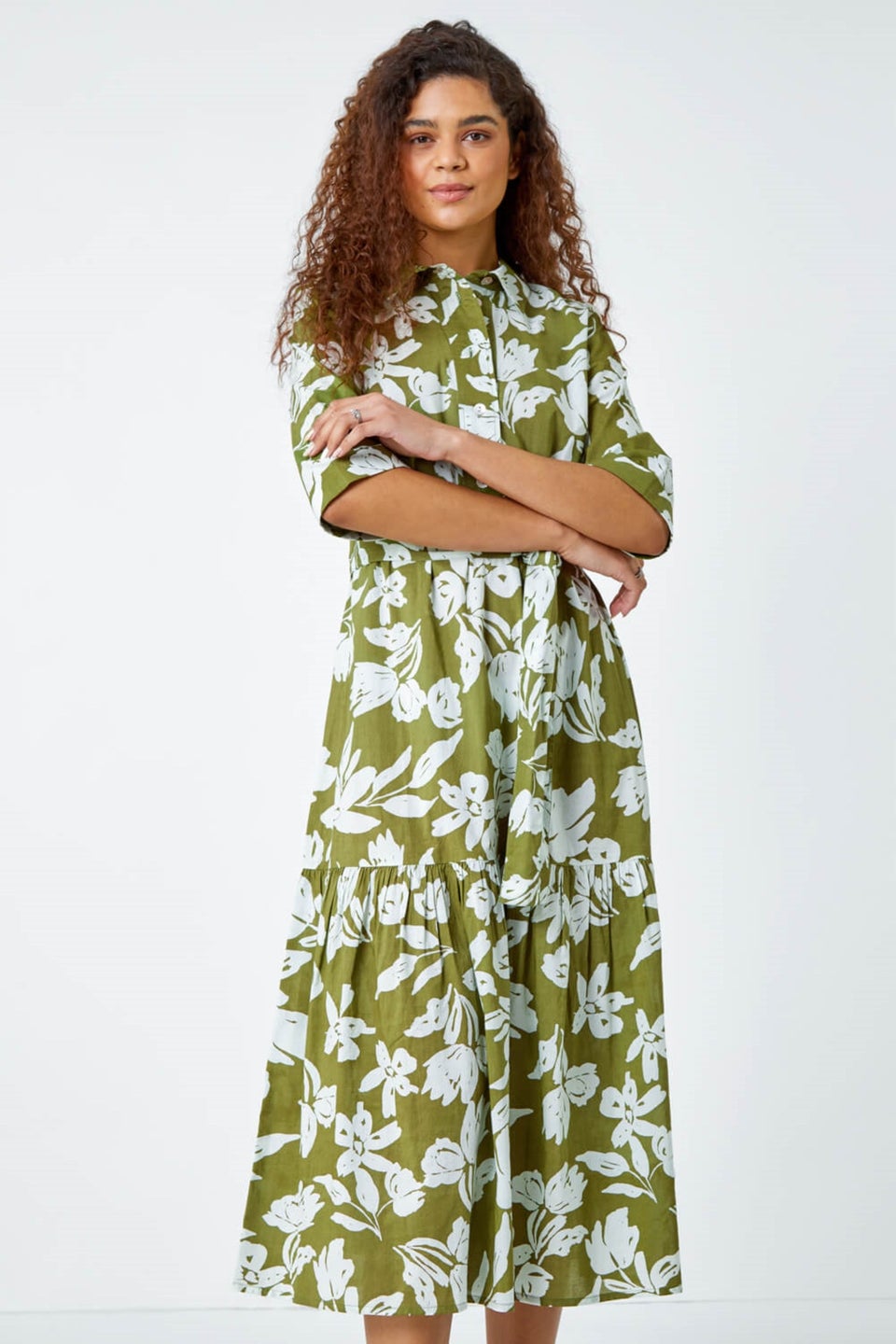 Roman Green Leaf Frill Hem Button Shirt Dress