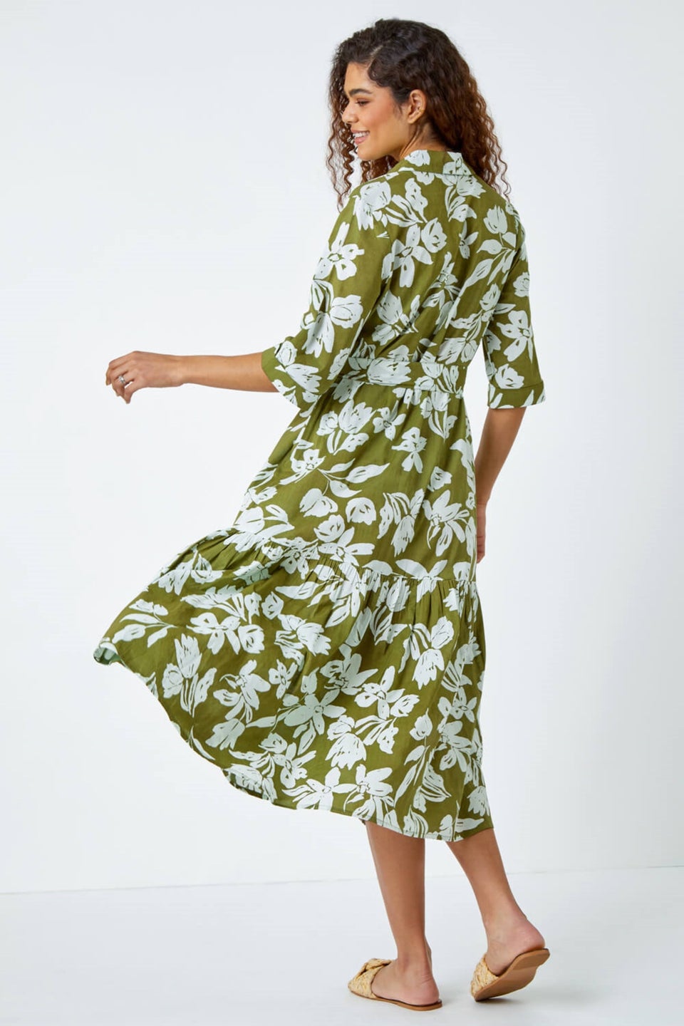 Roman Green Leaf Frill Hem Button Shirt Dress