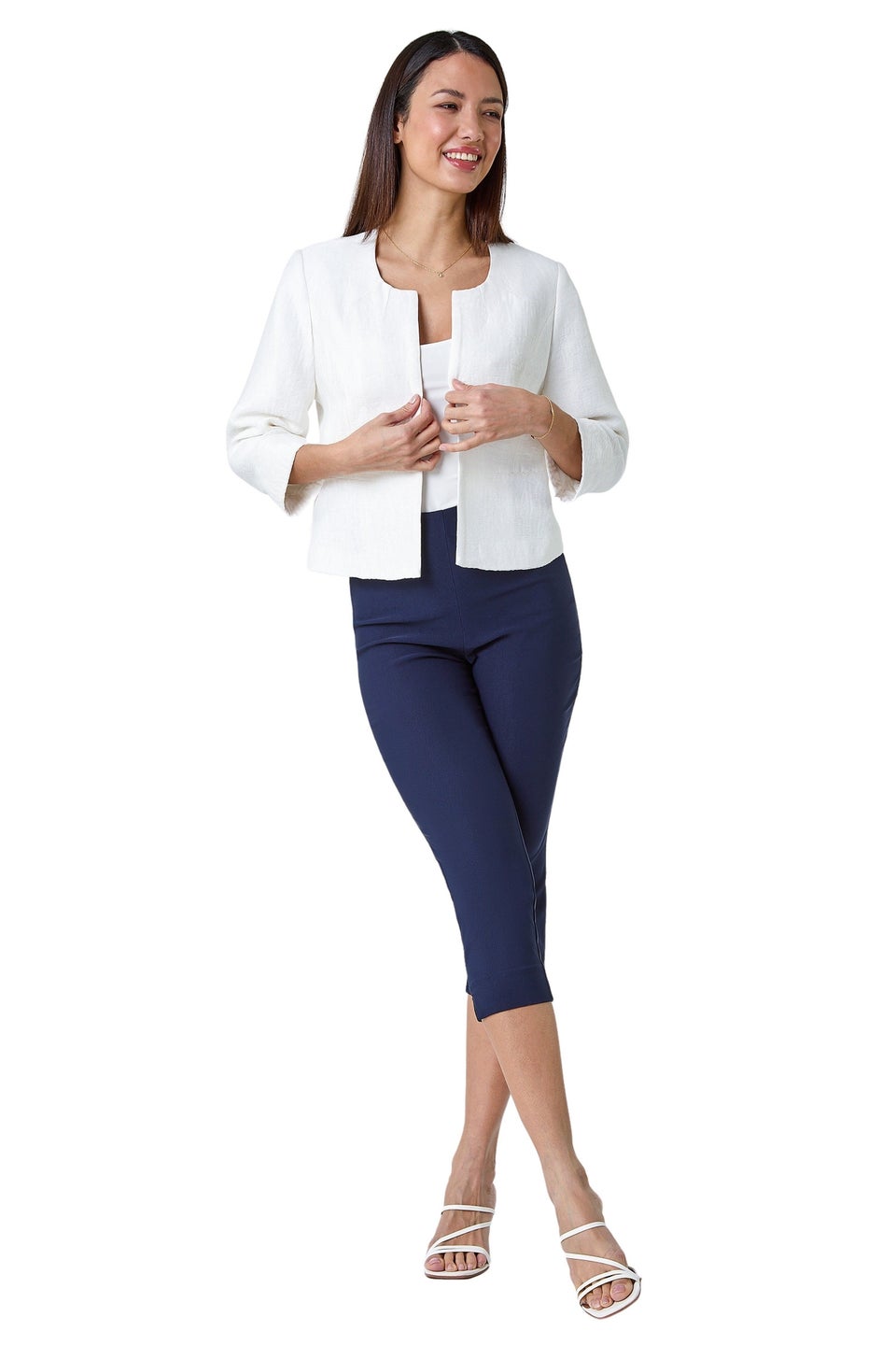Roman Ivory 3/4 Sleeve Pleated Textured Cropped Jacket