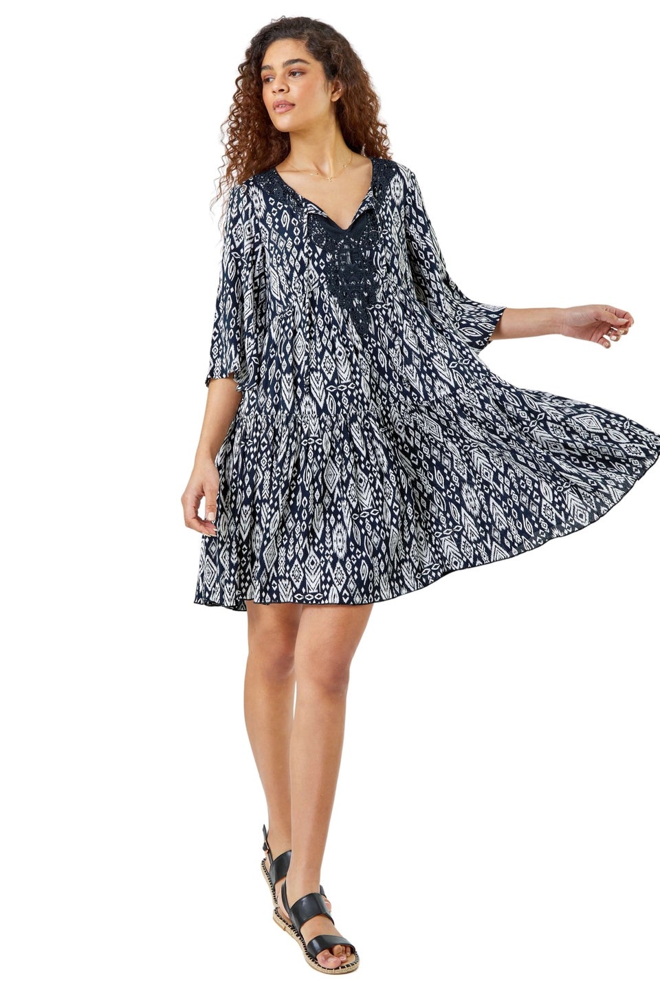 Roman Black Aztec Print Lace Detail Smock Dress Matalan