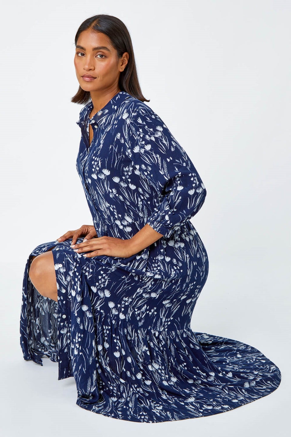 Roman Navy Floral Print Midi Shirt Dress