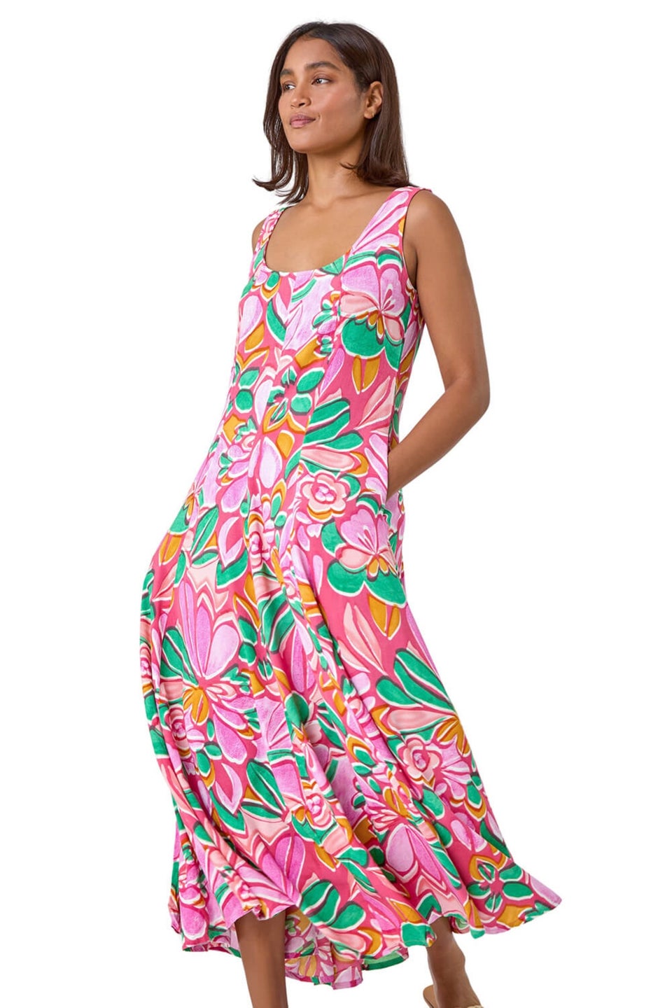 Roman Pink Floral Print Panelled Midi Dress