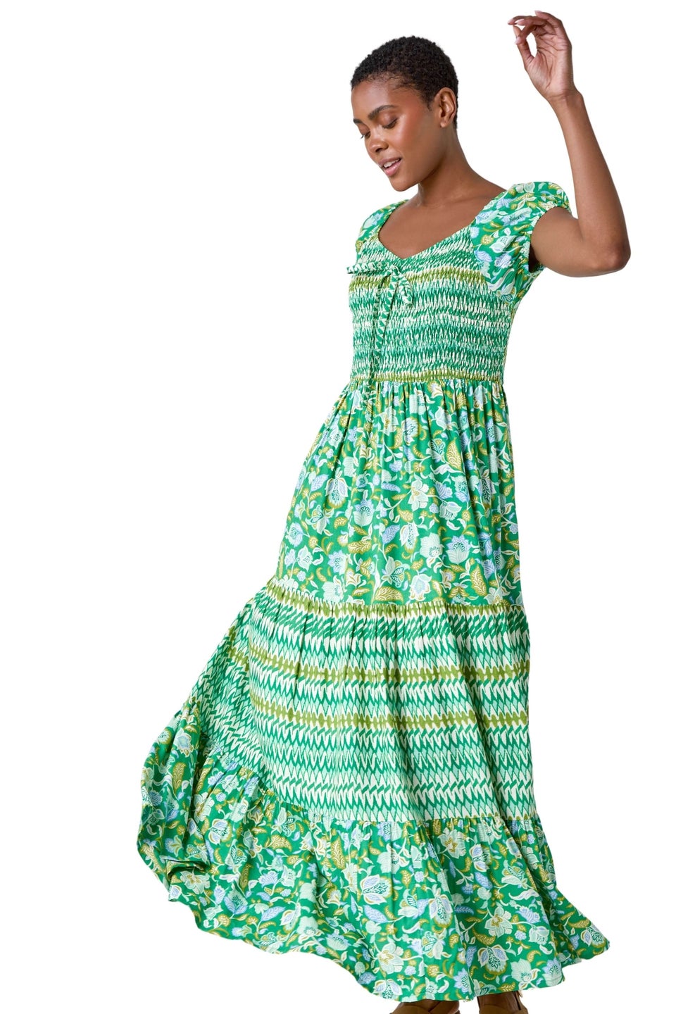 Roman Green Mixed Print Shirred Midi Dress