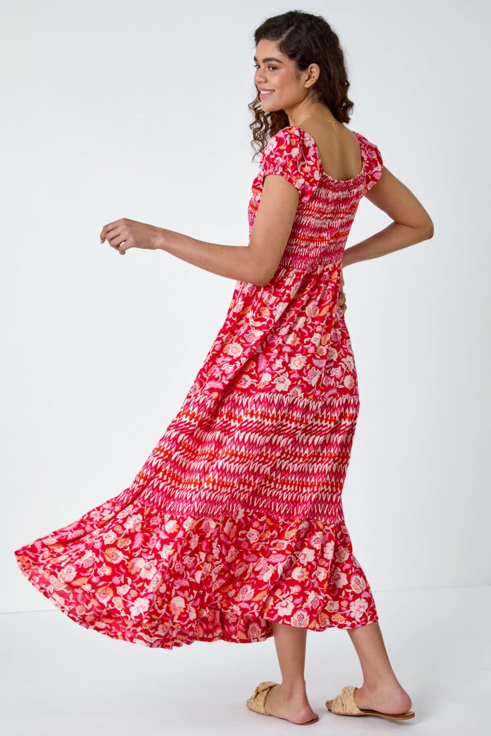 Roman Red Mixed Print Shirred Midi Dress