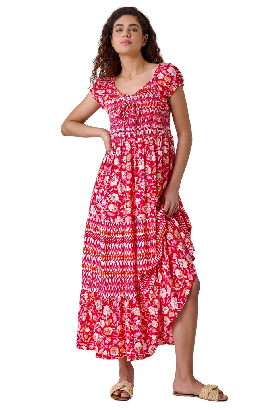 Roman Red Mixed Print Shirred Midi Dress