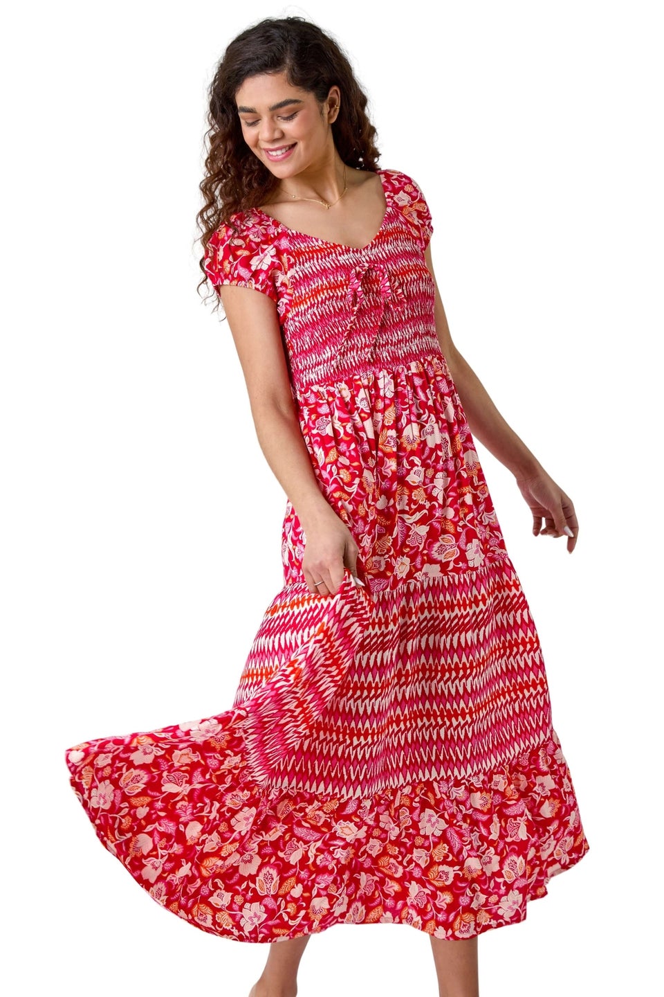 Roman Red Mixed Print Shirred Midi Dress