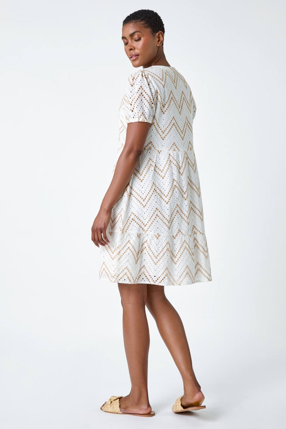 Roman Cream Zig-Zag Embroidered Cotton Tunic Dress